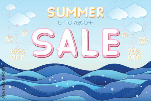 Summer sale banner featuring Summer sale and 75% off inscription, sea, clouds. Banner made in paper craft style, 3D, layered. Vector EPS illustration, eazy to edit