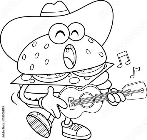 Cowboy Burger Cartoon Character Singing and Playing Guitar