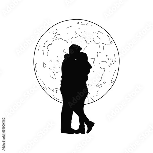 Silhouette of a couple kissing under the moon romantic couple illustration love moonlit night