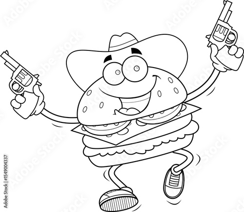 Funny Cowboy Burger Cartoon Character Holding Two Revolvers