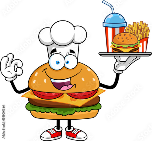 Burger Chef Cartoon Character Holding Fast Food Tray with Burger, Fries and Soda - Vector Hand Drawn Illustration Isolated On Transparent Background