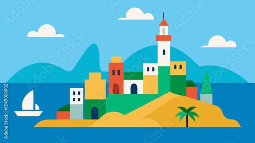 Mediterranean island town seascape illustration