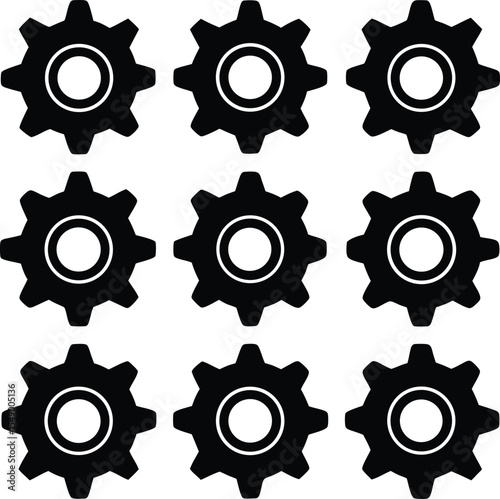 Nine Black Gear Icons Arranged in a Grid Pattern on a White Background Featuring a Circular Center and Eight Outer Protrusions Minimalist Design and Technical