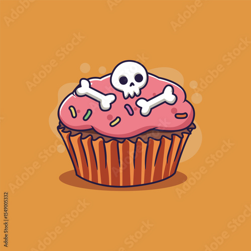 Cute Halloween cupcake with skull and bones. Vector illustration.