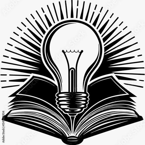 Lightbulb and open book in monochrome style, for education-related projects