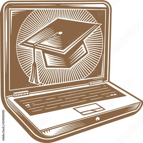 Graduation cap on laptop screen, sepia tones, for education websites