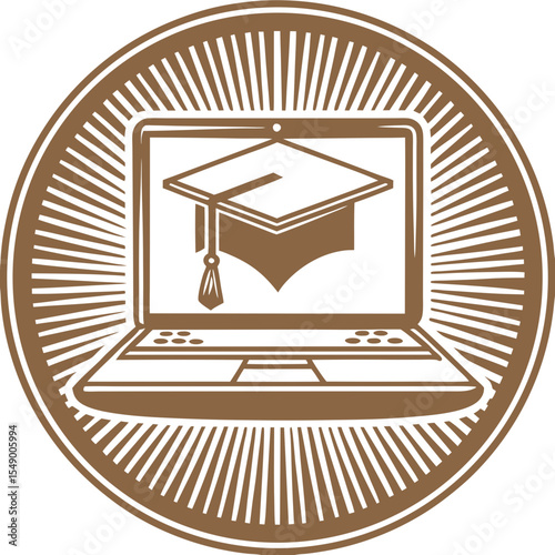 Graduation cap on laptop screen, in sepia tones, for education websites