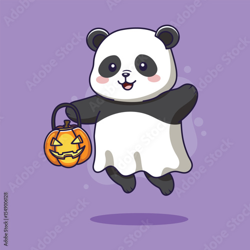 Cute Panda in a Ghost Costume with Pumpkin for Halloween. vector illustration