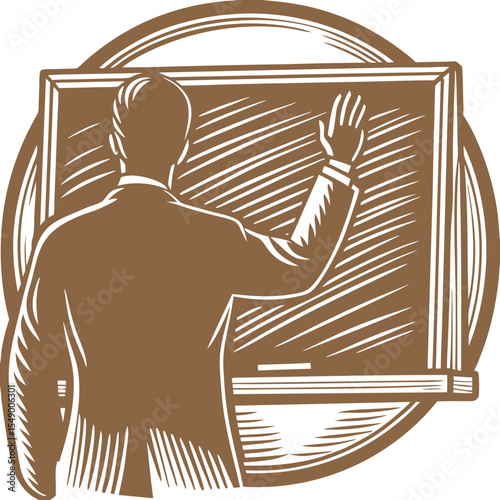 Man writing on a chalkboard, in sepia tones, for education-with copy space