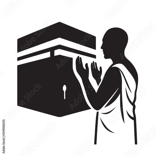 Muslim Man Praying at Kaaba Hajj and Umrah Islamic Worship Illustration