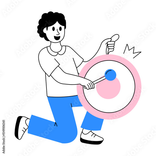 Doodle style illustration of a focused gong player 