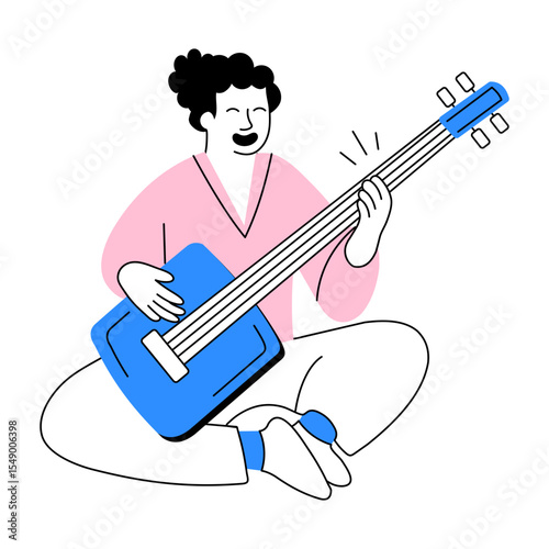 An illustration of shamisen player designed in doodle style

