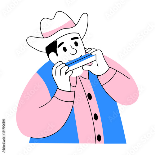 Hand drawn style illustration of a harmonica player 
