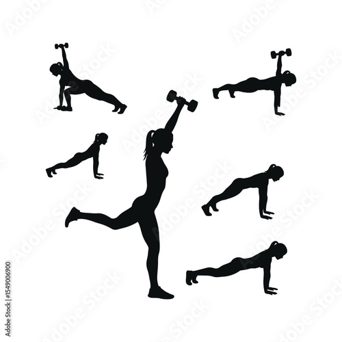 Silhouette of a woman performing various fitness exercises with dumbbells including planks and leg raises