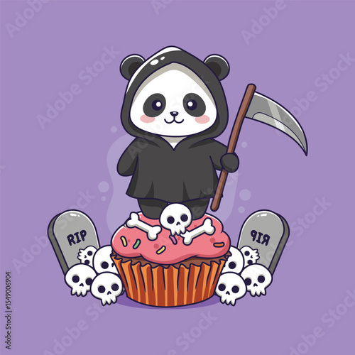 Cute Grim Reaper Panda on a Spooky Halloween Cupcake