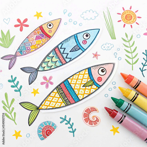 Colorful funky crayon drawn decorative sardines. Cartoon stickers of fish. Bright doodle illustration
