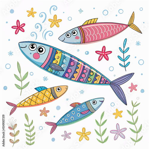 Colorful funky crayon drawn decorative sardines. Cartoon stickers of fish. Bright doodle illustration