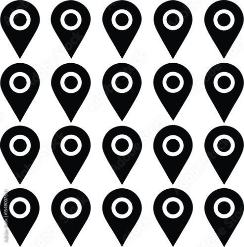 Seamless Pattern of Black Location Pin Icons on a White Background Suggesting Mapping Navigation or Geolocation Services with a Clean and Modern Aesthetic
