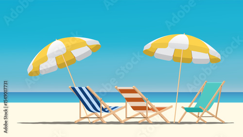 3 beach chairs under 2 yellow beach umbrella on a tropical beach with blue sky and sea. Summer vacation, relaxation, and seaside holiday concept for summer banner. 
