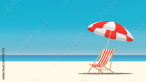 A red beach chairs under a red beach umbrella on a tropical beach with blue sky and sea. Summer vacation, relaxation, and seaside holiday concept for summer banner. 