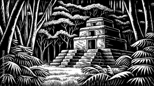 Temple overtaken by the jungle deep within a tropical rainforest, a black and white sketch vector