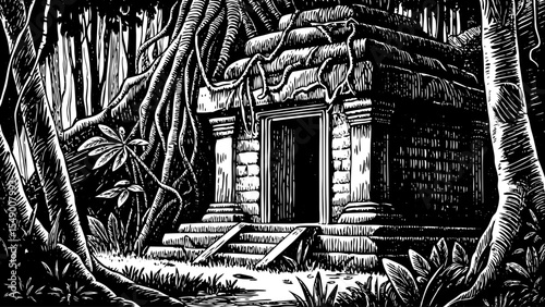 Temple overtaken by the jungle deep within a tropical rainforest, a black and white sketch vector