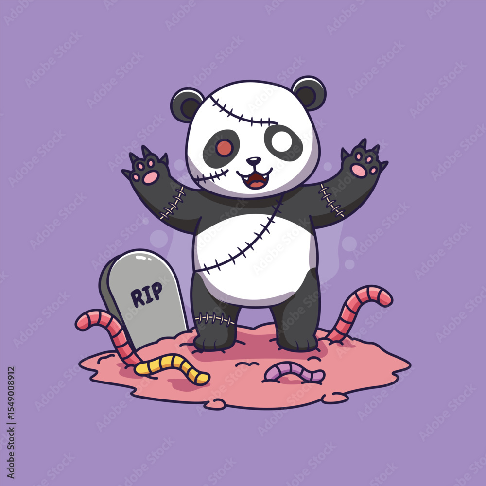 Fototapeta premium cute panda zombie cartoon in graveyard halloween vector illustration