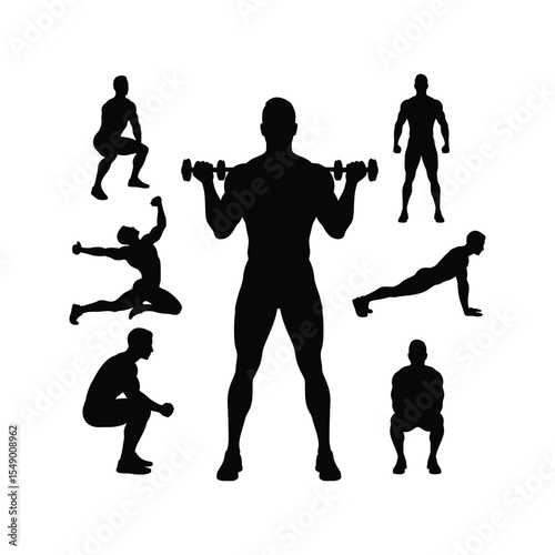 Silhouette of Men Performing Various Fitness Exercises Strength Training Cardio Bodyweight Workout
