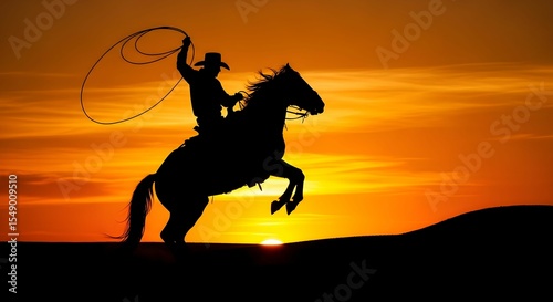 A bold and dramatic silhouette of a cowboy on a rearing horse set against a vivid sunset backdrop of deep oranges and radiant yellows