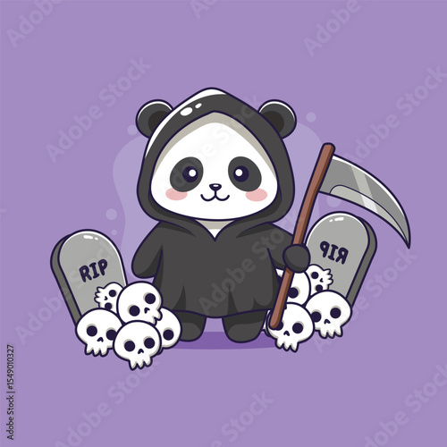Cute Panda Grim Reaper Halloween . vector Illustration