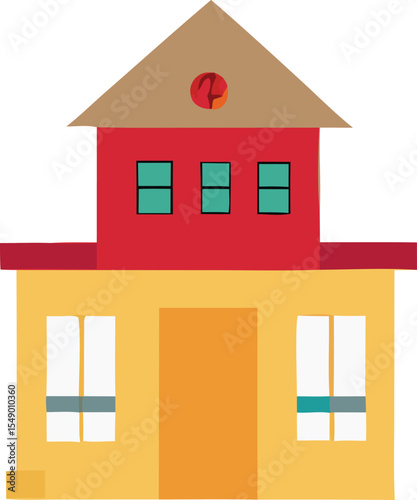 Stylized Two Story House with Geometric Shapes and Bright Colors Featuring a Brown Roof Red Second Story and Yellow First Story Facade colorful