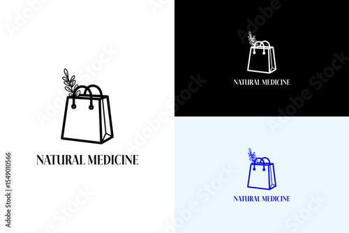 vector illustration of a shopping bag with a sprig of leaves, logo for herbal pharmacy, farmers market, alternate medicine, remedy, organic, botanical, health, natural medicine shop, and more