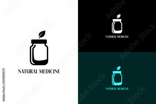 vector illustration of medicine jar with a small leaf sprouting, logo for herbal pharmacy, remedy, organic, botanical, alternate medicine, plant based, fitness, health, natural medicine shop, and more