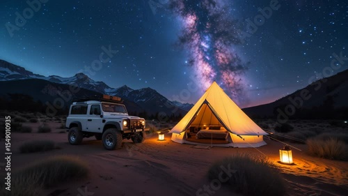 Breathtaking Twilight Glamping Adventure Under the Milky Way with a Glowing Tent and Off-Road Vehicle