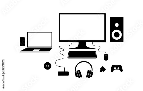 Connected Computer Accessories Silhouette Icons Desktop, Laptop, and Tech Devices Vector Set