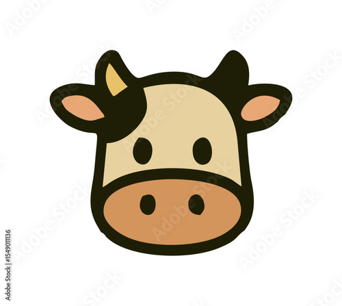 Cartoon Cow Face Logo with Bold Outline and Brown Patch, A friendly cartoon cow face with beige fur, pink nose, black eyes, and a brown eye patch—rounded features make it ideal for kids’ branding.