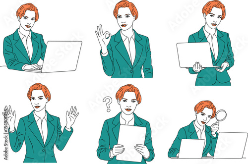  Dynamic Young Businesswoman in Teal Suit, Diverse Poses: Working on Laptop, Gesturing OK, Waving, Puzzled, and Magnifying, Ideal for Business, Communication, and Problem Solving.