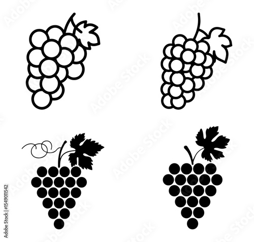 Grapes Silhouette Icons Set Minimalist Fruit Vector Collection with Leaf Detail on White Background