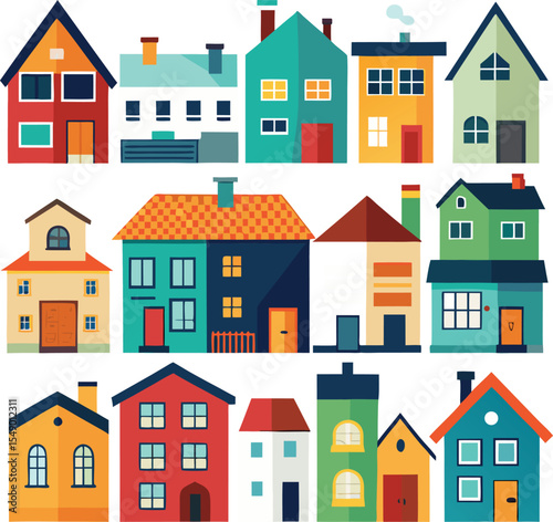 Colorful Cartoon Houses Illustration Featuring Various Architectural Styles and Vibrant Colors Arranged in Rows on a White Background Creating a Whimsical and Playful Neighborhood Scene