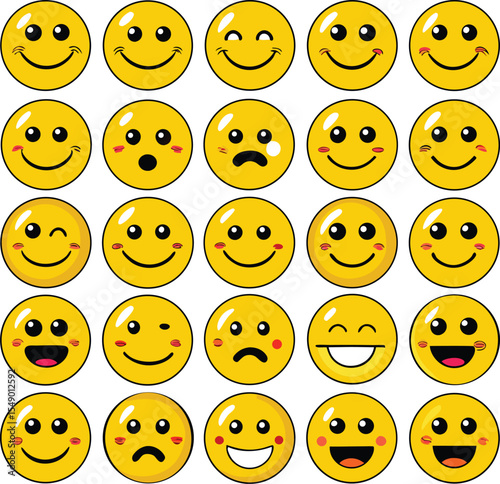 An Array of Cartoonish Yellow Emoji Faces Displaying Various Emotions Including Happiness Sadness Surprise and Playfulness Arranged in a Grid Pattern on a White Background