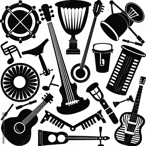 A Black and White Silhouette Collage of Musical Instruments Including Guitars Drums and Other Percussion Instruments Creating a Rhythmic and Harmonious Composition collection