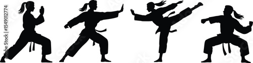 Dynamic Martial Arts Silhouettes: Women in Action, Karate Stances, Fitness, and Self-Defense Techniques