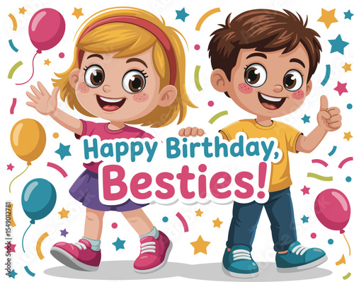 Cheerful Cartoon Kids Celebrating Happy Birthday Besties with Balloons and Confetti