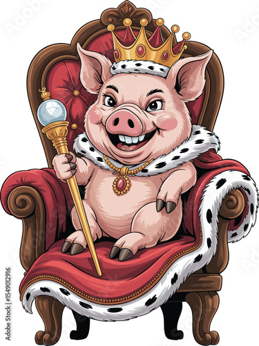 Royal Pig King in Throne, Cartoon Character with Crown and Scepter, Fantasy Illustration