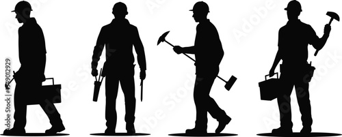 Silhouette of Construction Workers with Tools, Teamwork in Building Industry, Safety Gear, and Labor Force