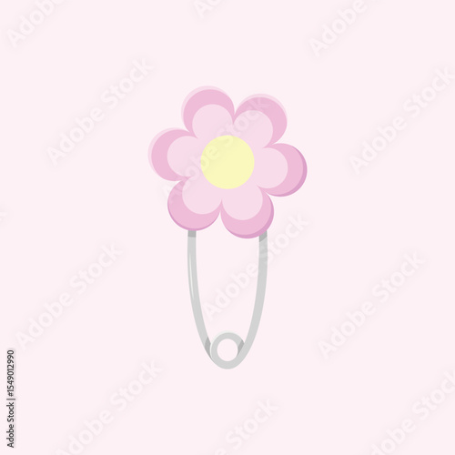 Baby diaper pin with flower for gender party. Baby shower vector illustration.