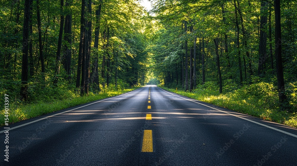Obraz premium Lush Green Trees Bordering Quiet Empty Highway
