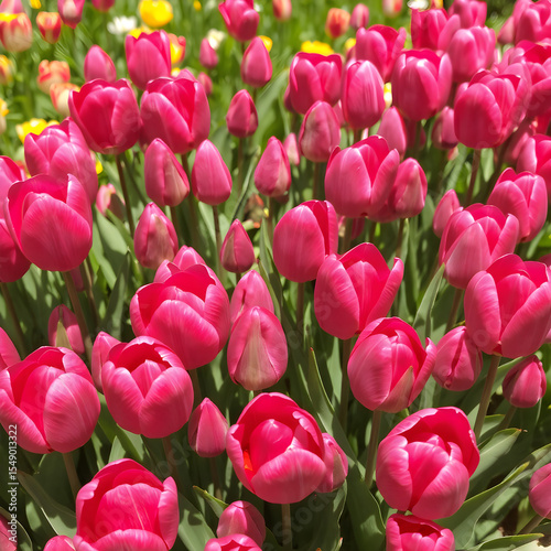 Pink Tulip Field Macro. Stunning Spring Floral Close-Up. Generative AI.