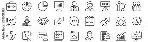 Collection of business related outline icons including charts people and meeting symbols in a row