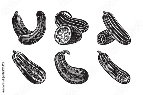 black silhouette of a whole snake gourd bundle on the white background